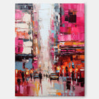 Impasto Cityscape Painting Vibrant Pink Orange