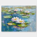 Impasto Water Lily Painting Serene Blue & Green