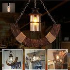 Epoch Retro Rustic Arc Metal/Wood Lantern Glass Pendant Light