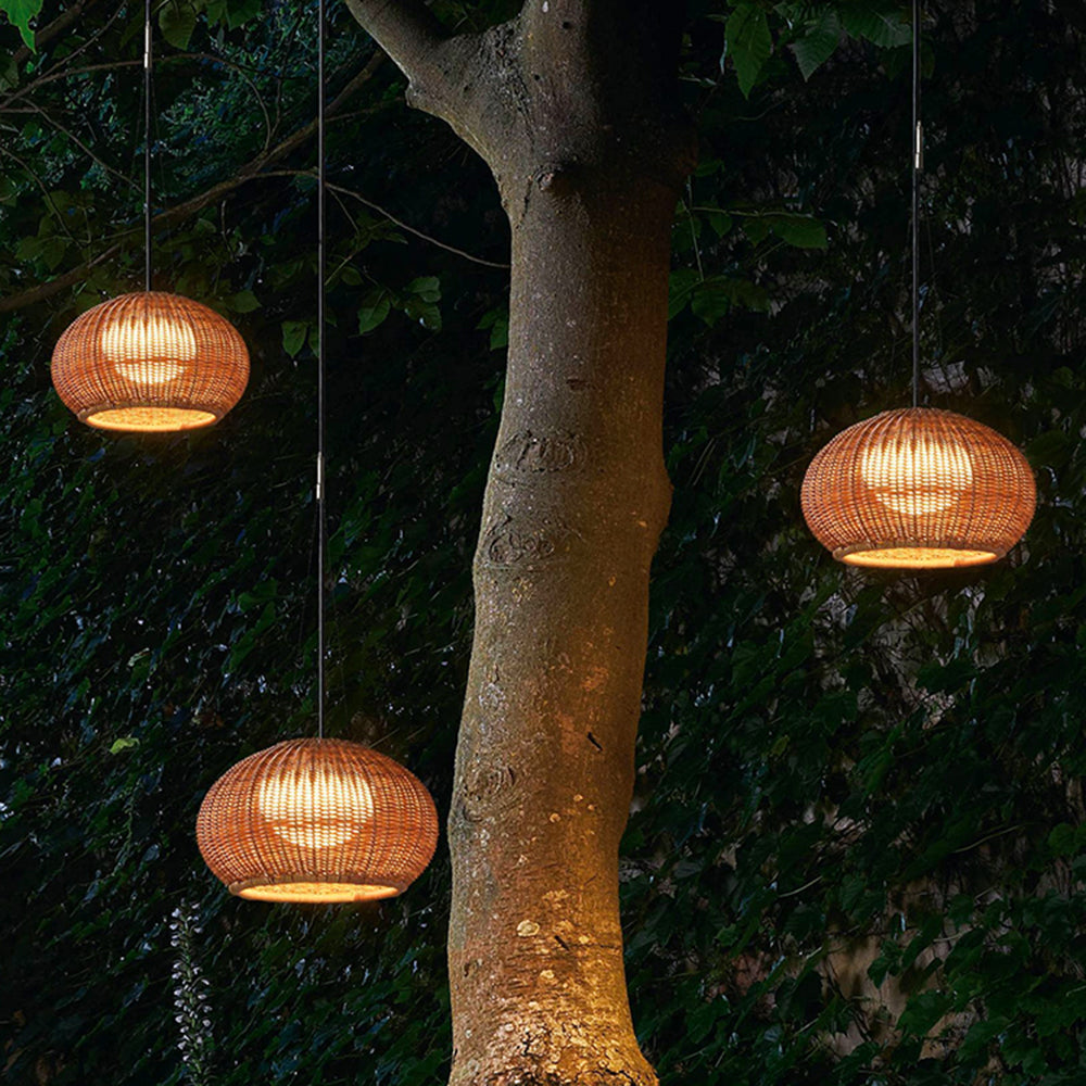 Ray Retro Lantern Gold Pendant Light, Bamboo/