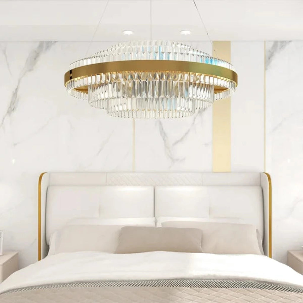 Kristy Modern Tiered Crystal LED Chandelier in Brass Living Room