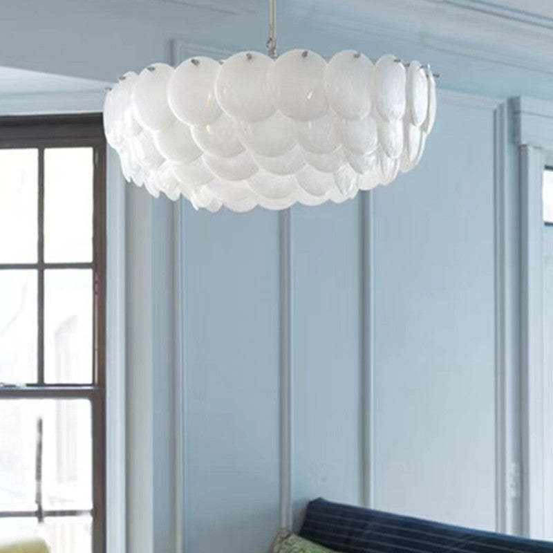 Arisha Wihte Art Deco Chandelier Light Fixture, Ceramic Leaf & Metal