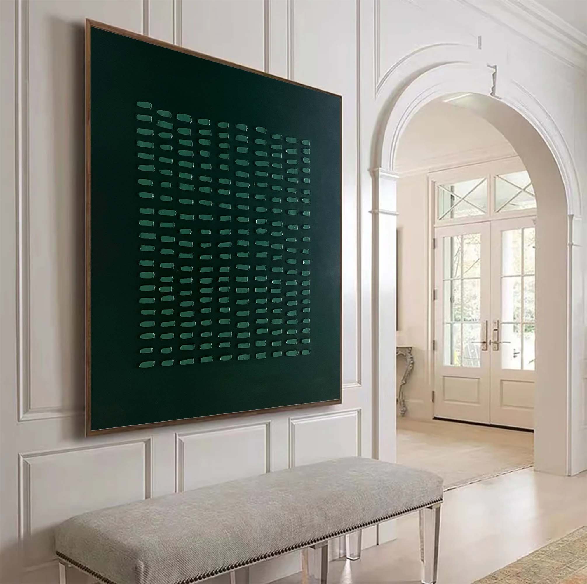 Wabi-Sabi Wall Art Dark Green Textured Grid Abstract Painting
