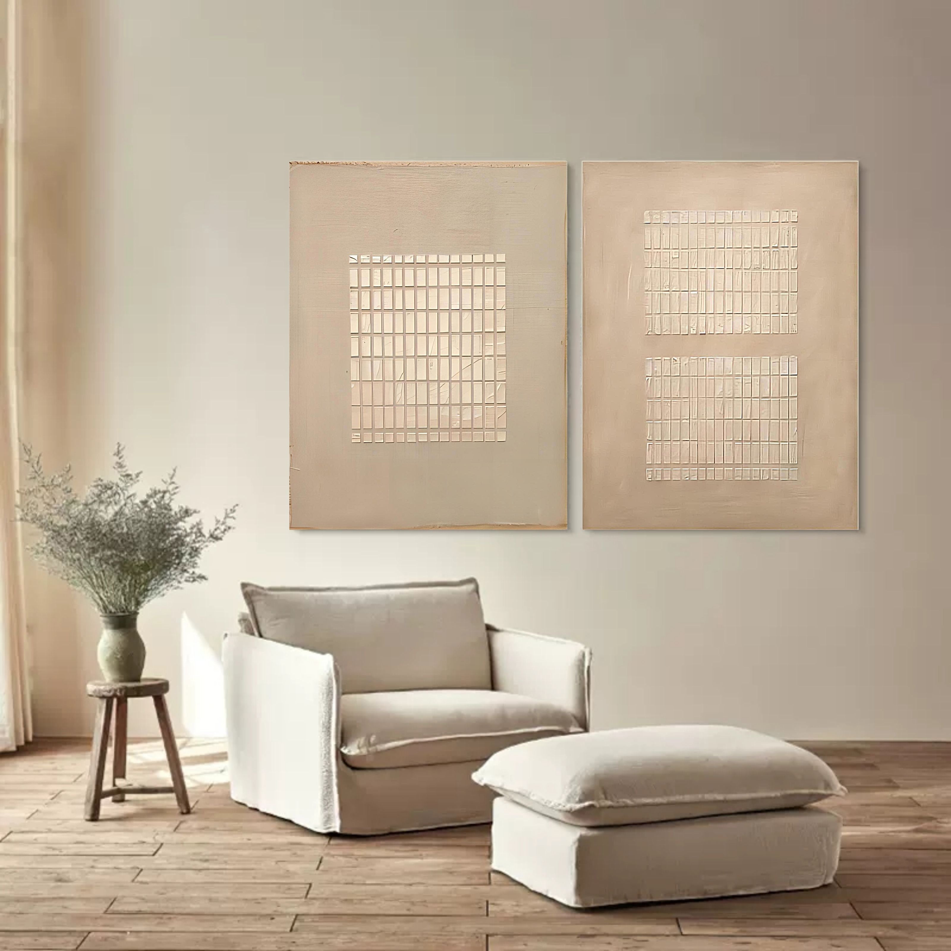 Set Of 2 Grid Texture Diptych Painting