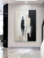 Minimalist Solitary Figure Oil Painting Black Beige Wall Art