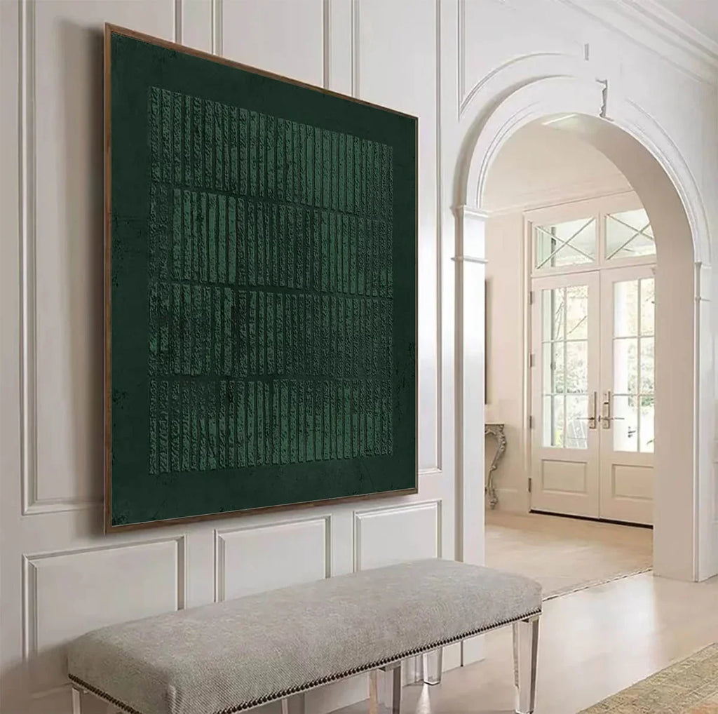Deep Emerald Textured Vertical Strip Abstract Oil Painting