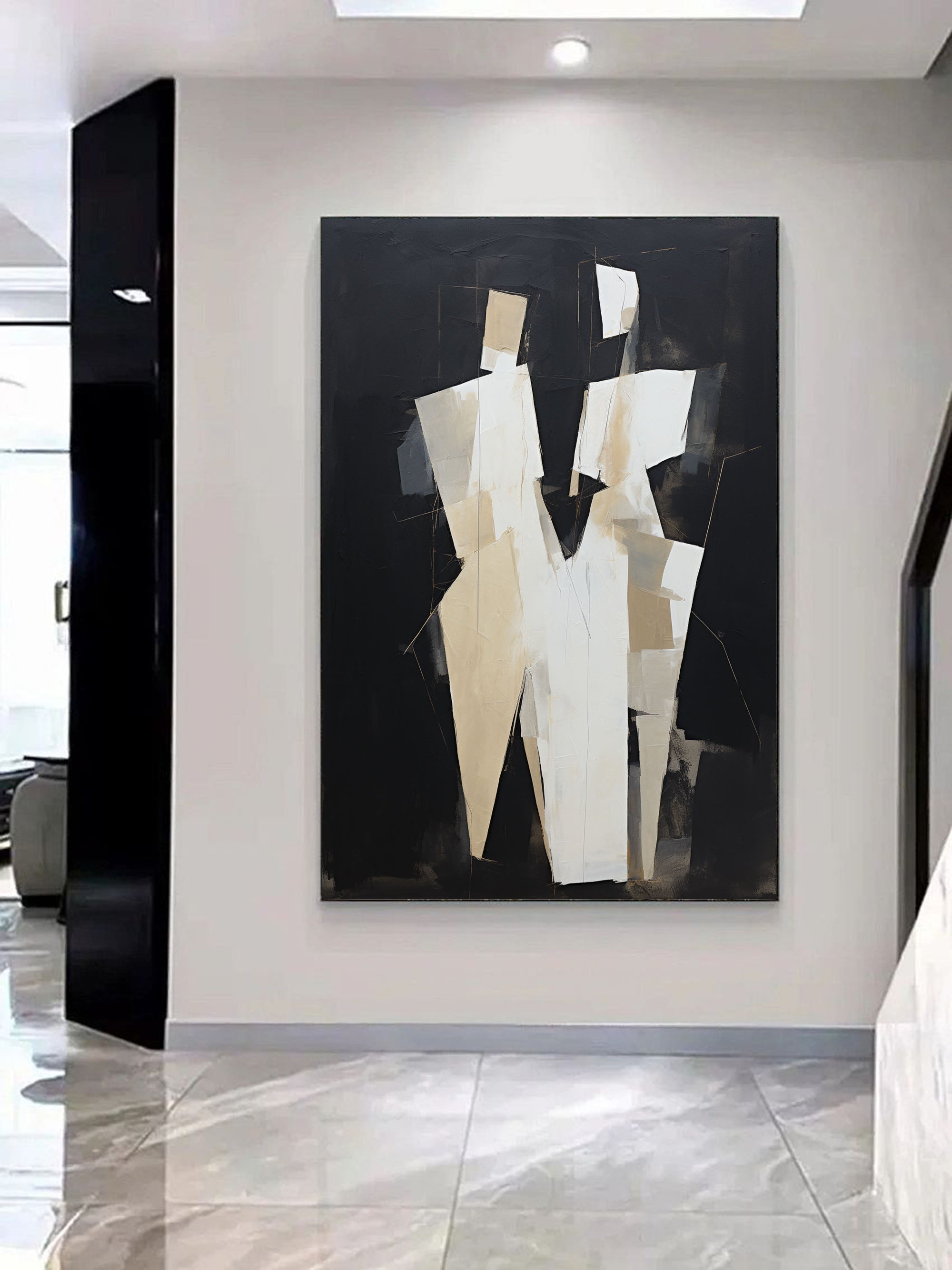 Cubist Style Couple Figure Oil Painting Black Beige
