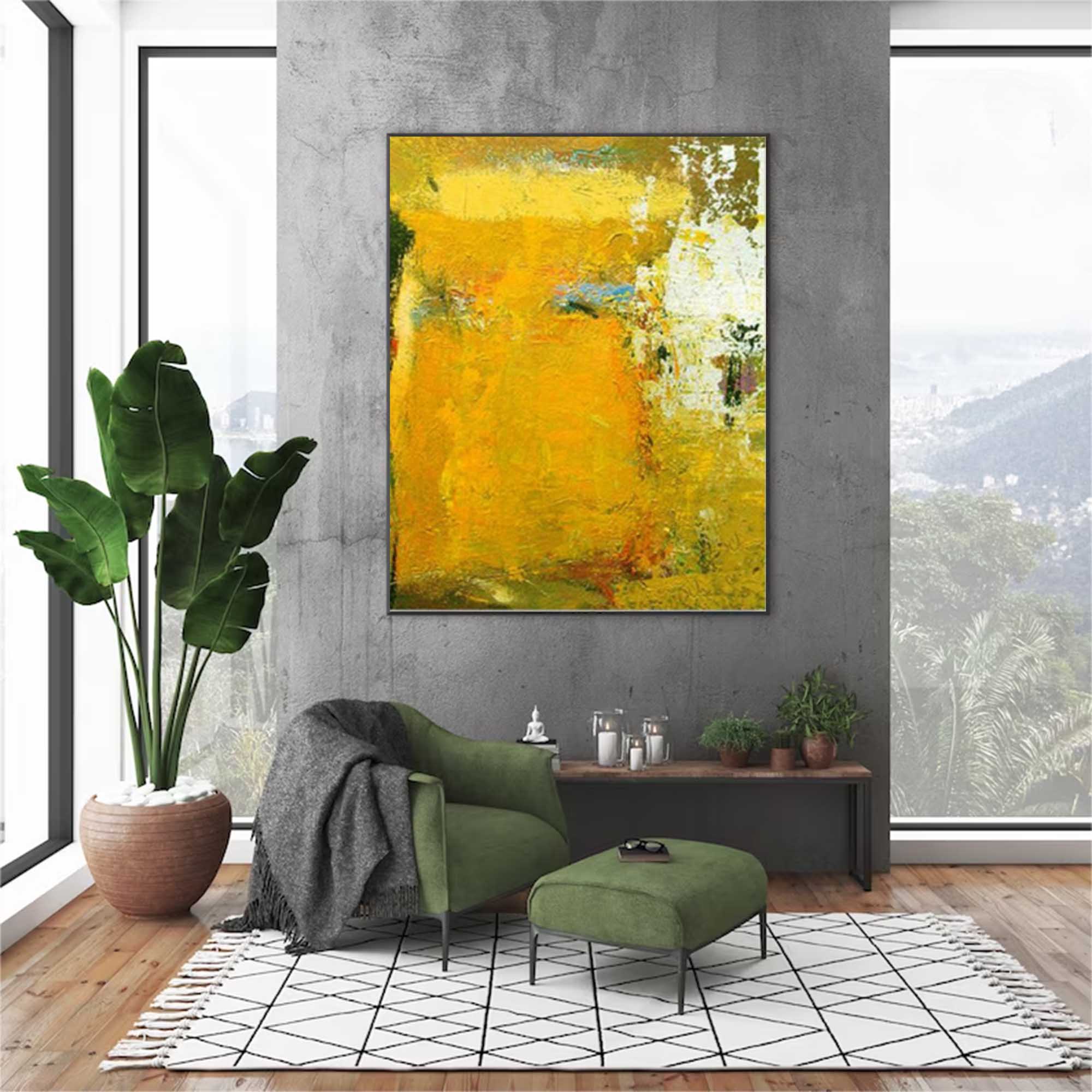 Vibrant Yellow Abstract Oil Painting Bold Impasto Texture