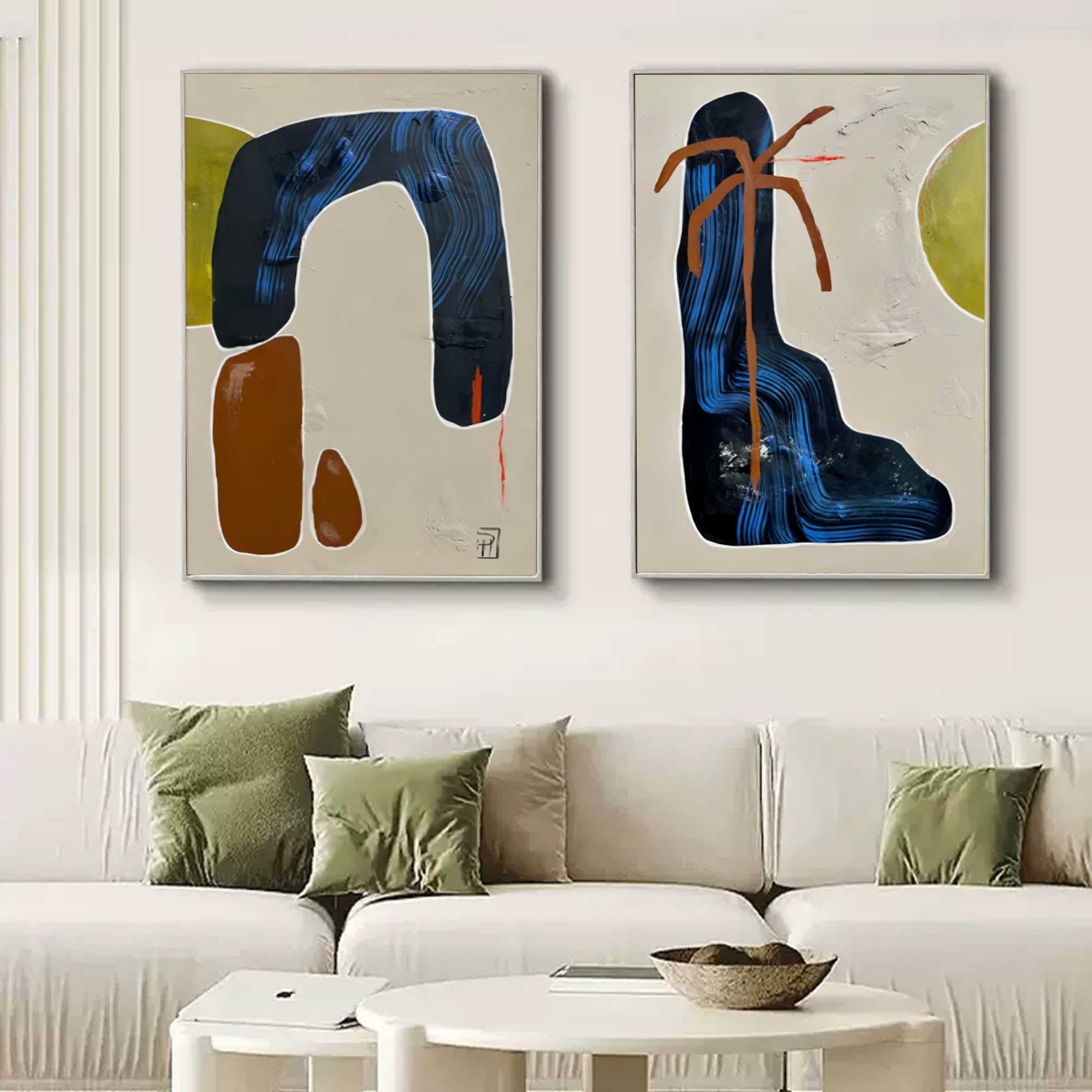 Set Of 2 Diptych Wall Art Set Blue Brown Organic