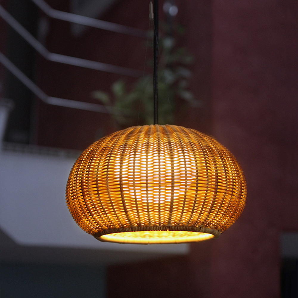 Ray Retro Lantern Gold Pendant Light, Bamboo/