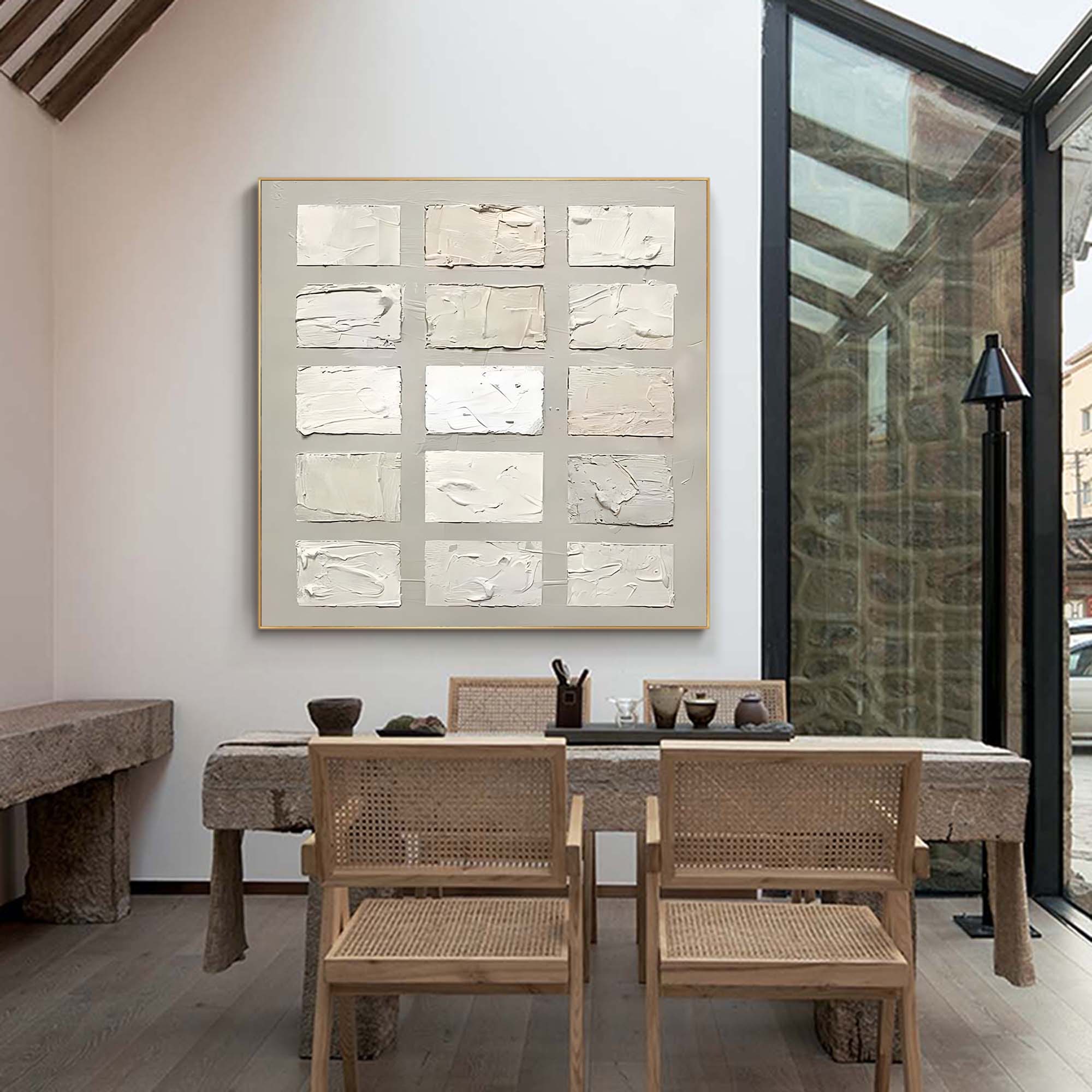 Wabi-Sabi Wall Art Neutral Tone Impasto Grid Oil Painting