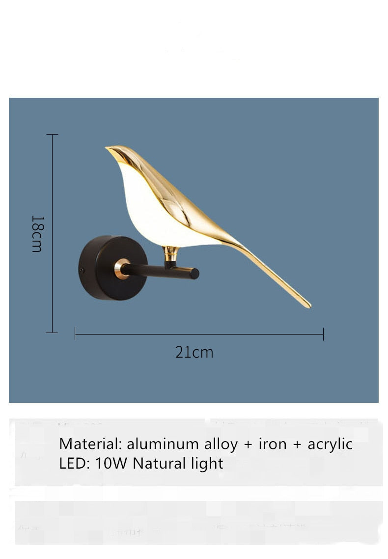 Arisha Minimalist Magpie Bird Metal Wall Lamp, Bedroom