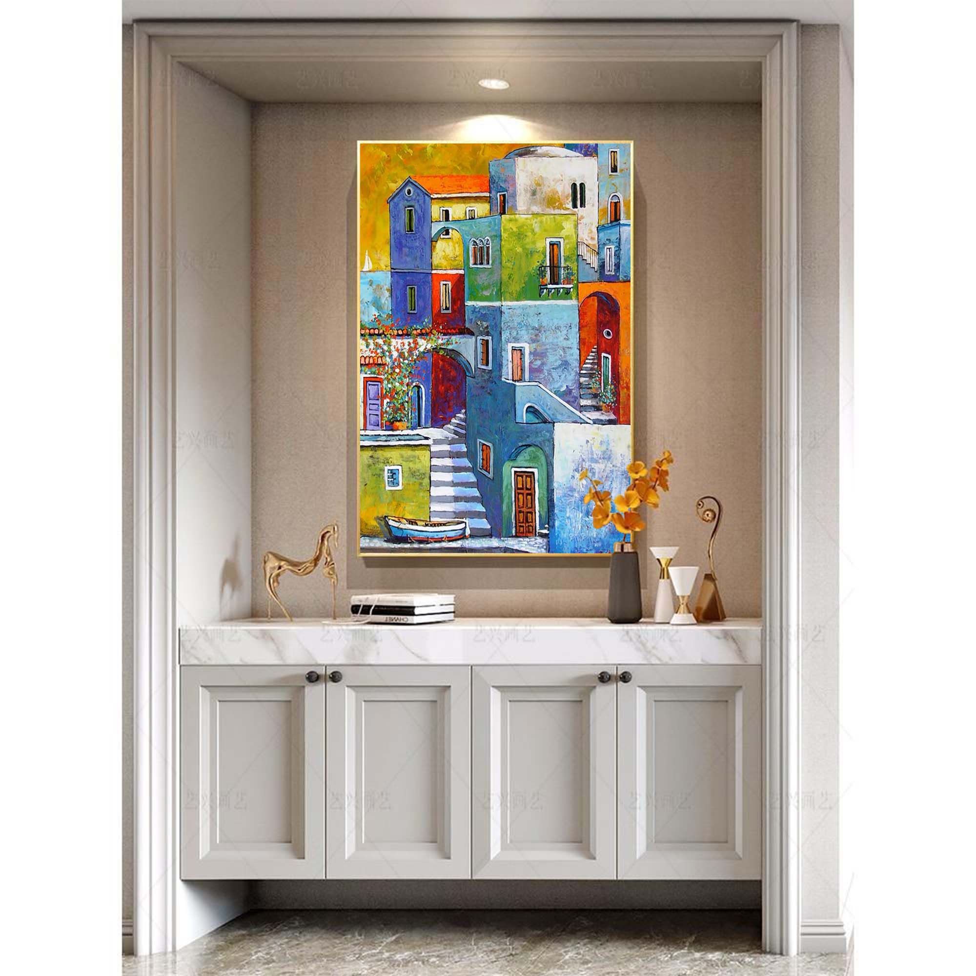 Colorful Mediterranean Coastal Town Oil Painting
