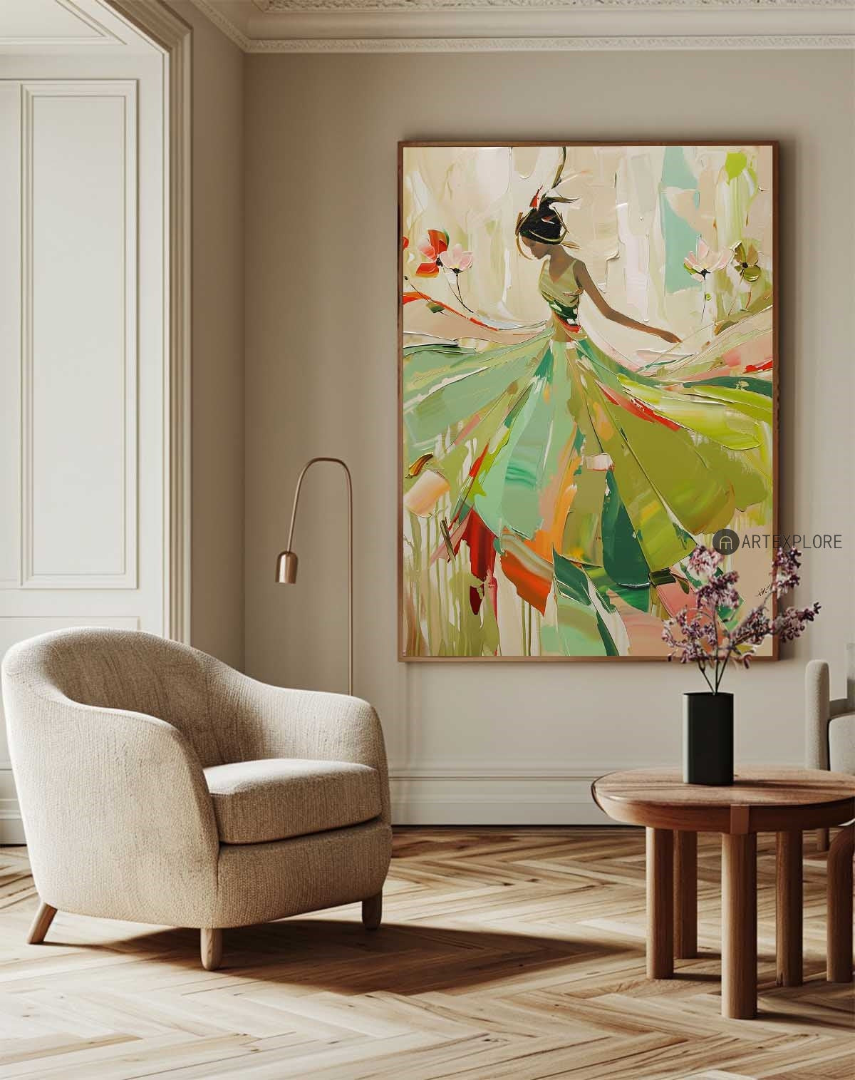 Vibrant Impasto Ballerina in Green Dress Painting