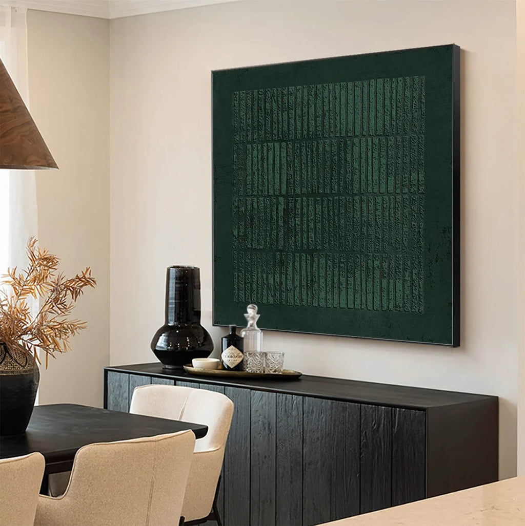 Deep Emerald Textured Vertical Strip Abstract Oil Painting