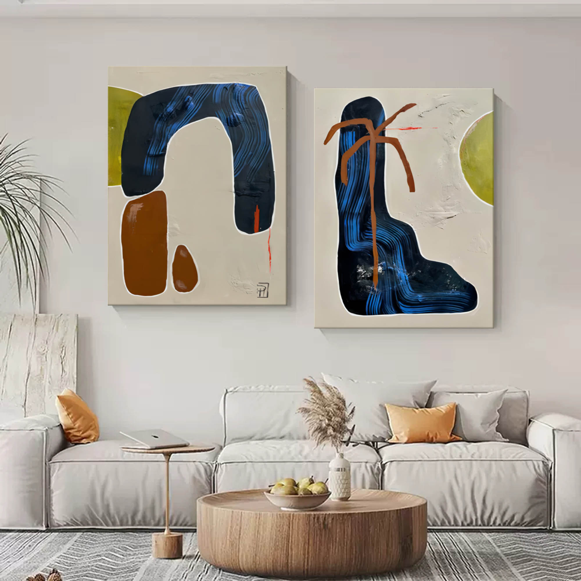 Set Of 2 Diptych Wall Art Set Blue Brown Organic