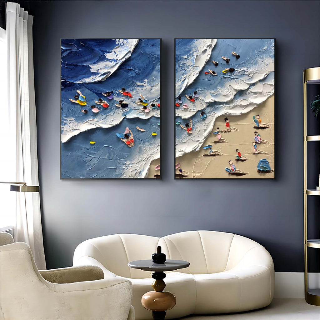 Colorful Beach Scene Impasto Diptych Oil Painting Set