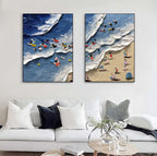 Colorful Beach Scene Impasto Diptych Oil Painting Set