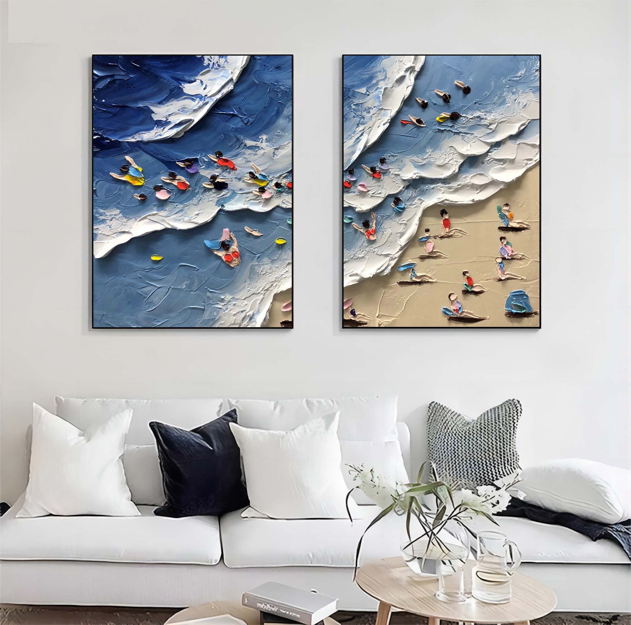 Colorful Beach Scene Impasto Diptych Oil Painting Set