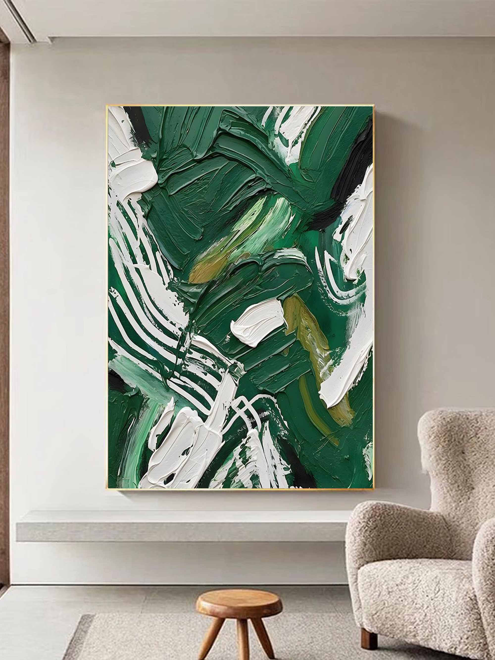 Colorful Dark Green And White Impasto Painting
