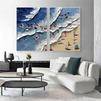 Colorful Beach Scene Impasto Diptych Oil Painting Set