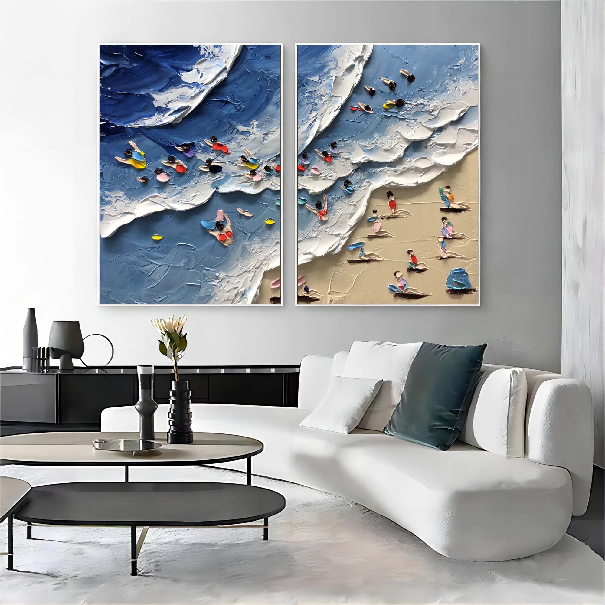 Colorful Beach Scene Impasto Diptych Oil Painting Set