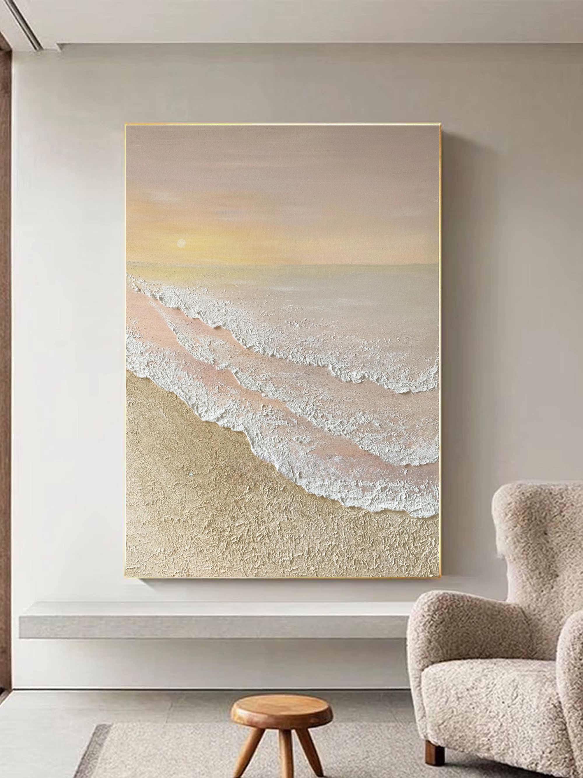 3D Textured Coastal Sunset Painting Minimalist Neutral Tone