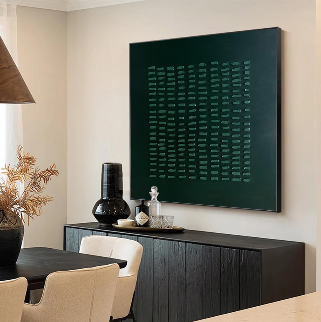 Wabi-Sabi Wall Art Dark Green Textured Grid Abstract Painting