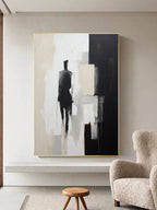 Minimalist Solitary Figure Oil Painting Black Beige Wall Art
