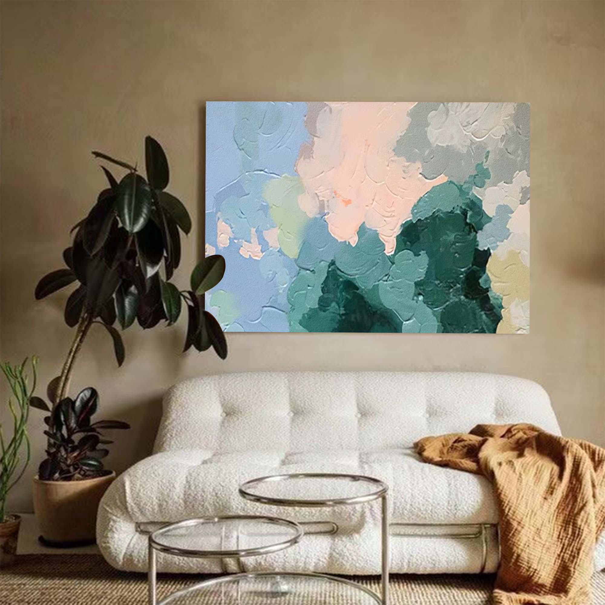 Soft Pastel Impasto Oil Painting Blue Green Peach