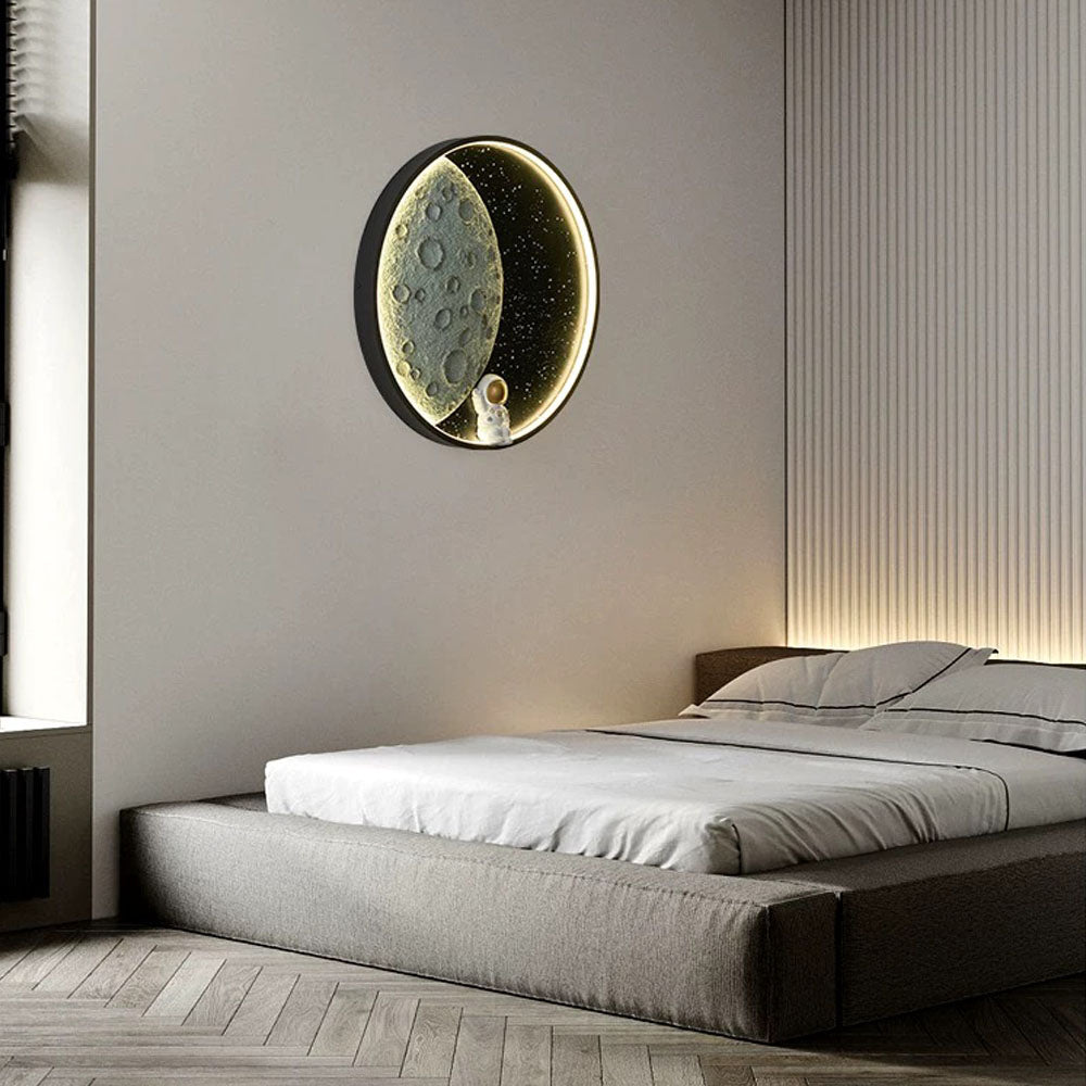 Aria Astronaut Round Moon Black Wall Lamp, Metal