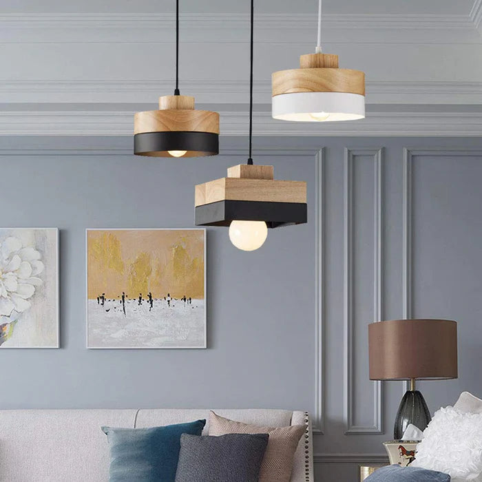 Aria Minimalist Black & White Wood Geometric Pendant Light