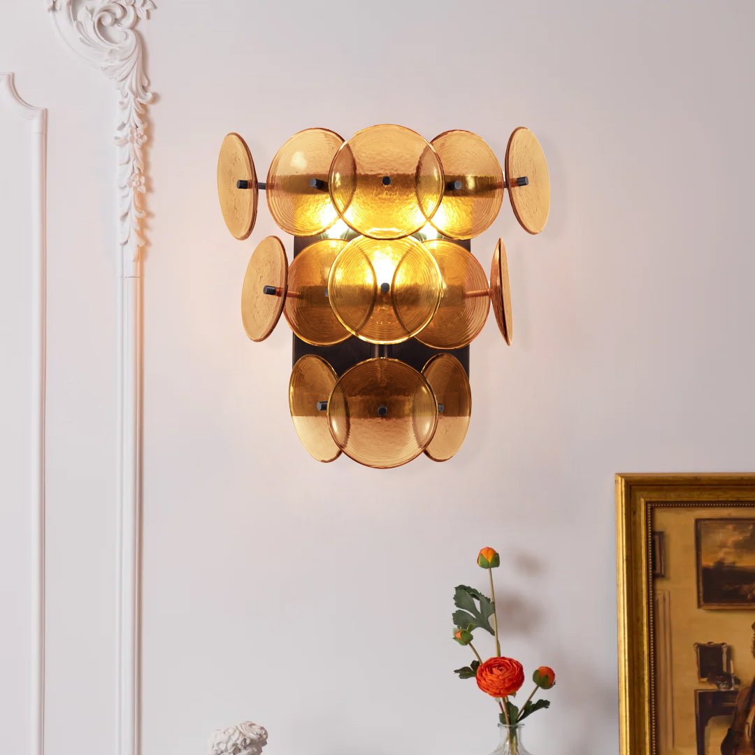 Aurora Wall Sconce Pressed Glass Disc Vintage Amber