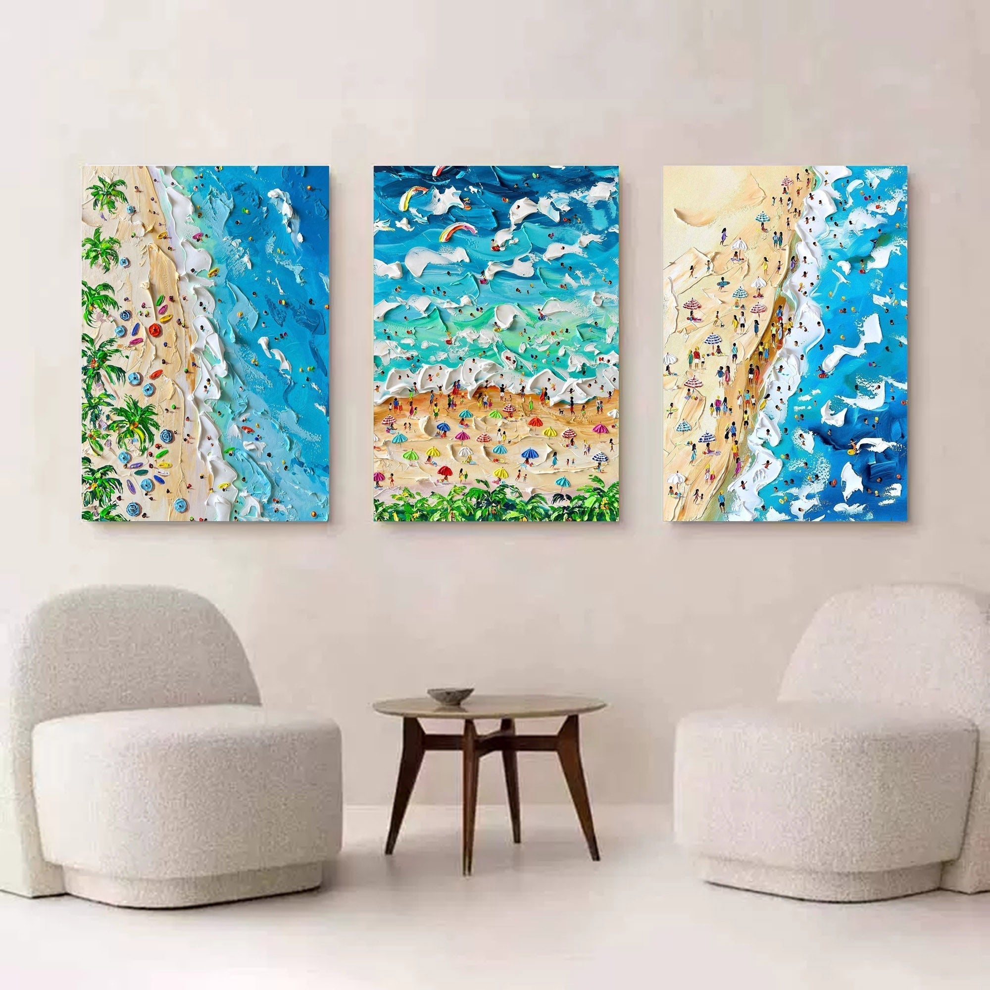 Set of 3 Vibrant Beach Scene Triptych Abstract Painting