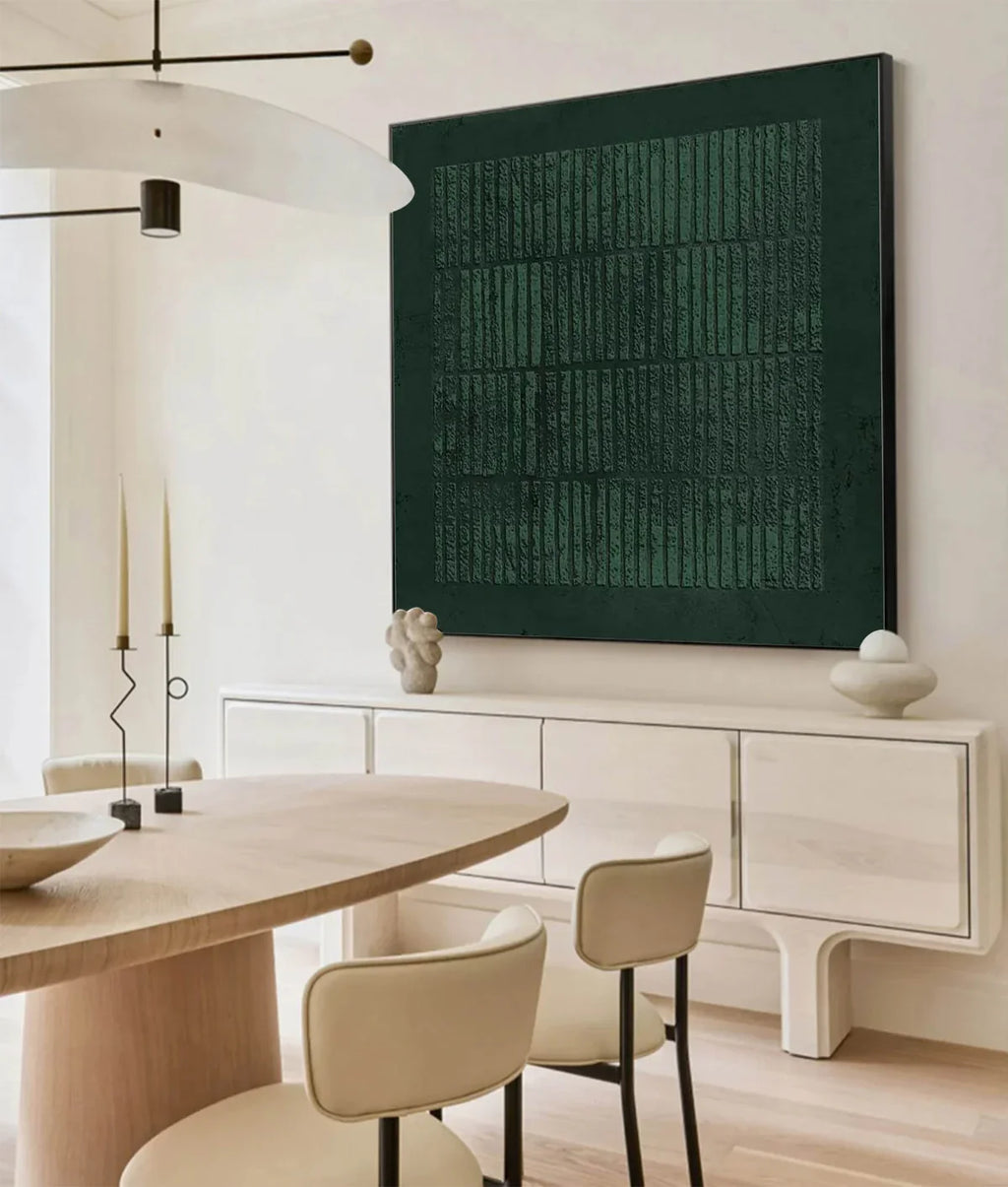 Deep Emerald Textured Vertical Strip Abstract Oil Painting