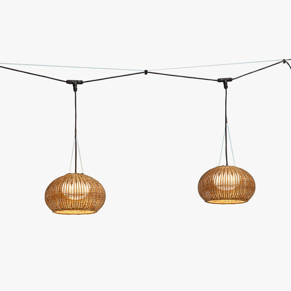 Ray Retro Lantern Gold Pendant Light, Bamboo/