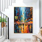 Impasto Cityscape Painting Vibrant Urban Rain