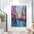 Impasto Rainy Cityscape Painting Vibrant Pink