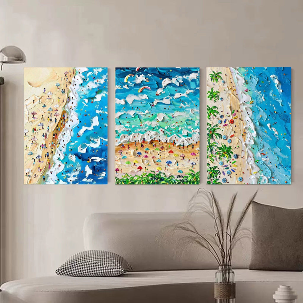 Set of 3 Vibrant Beach Scene Triptych Abstract Painting
