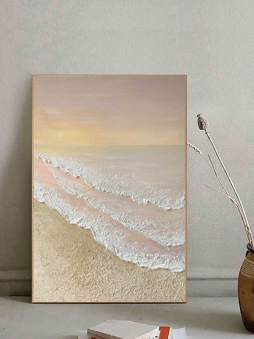 3D Textured Coastal Sunset Painting Minimalist Neutral Tone