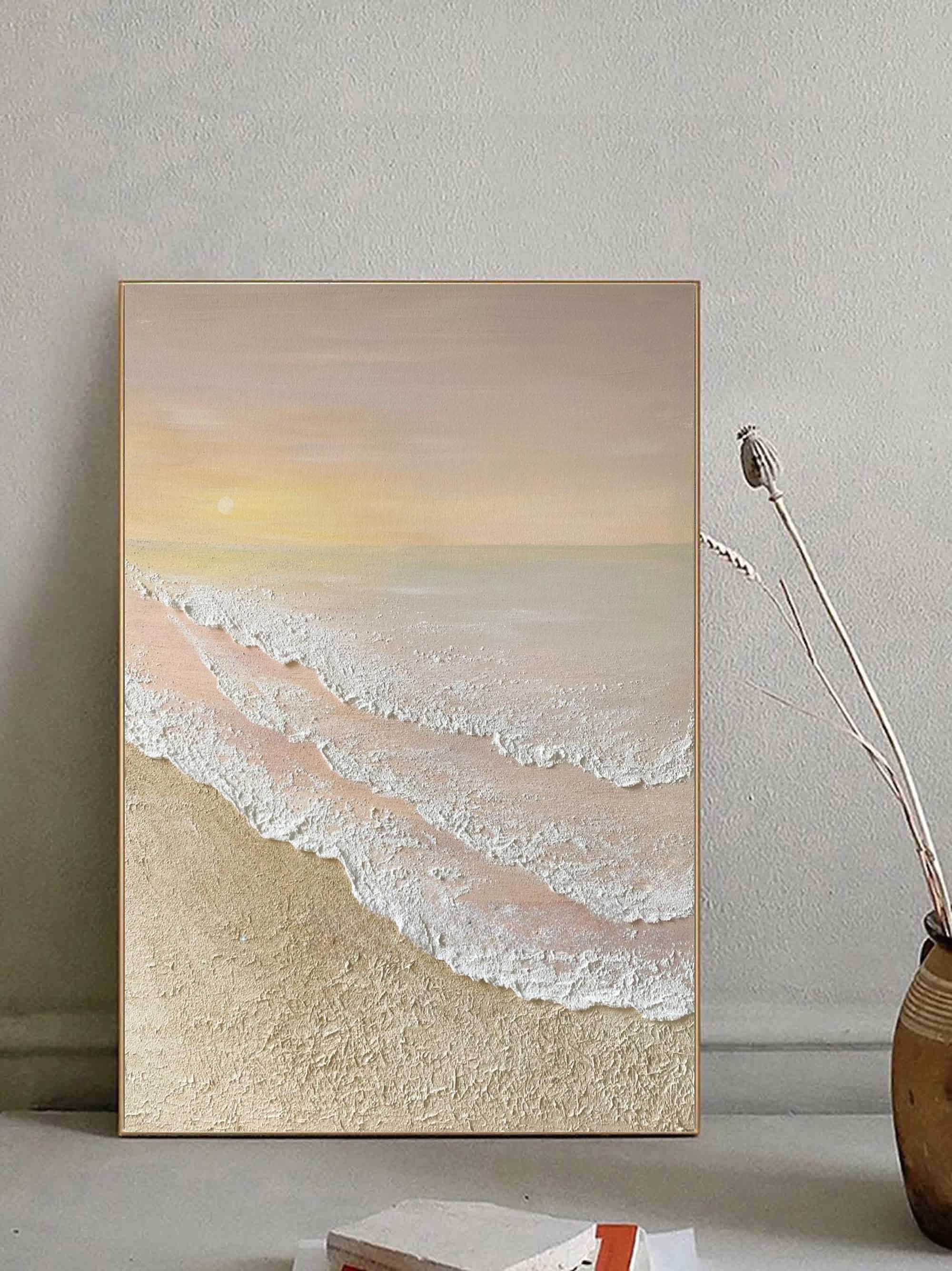 3D Textured Coastal Sunset Painting Minimalist Neutral Tone