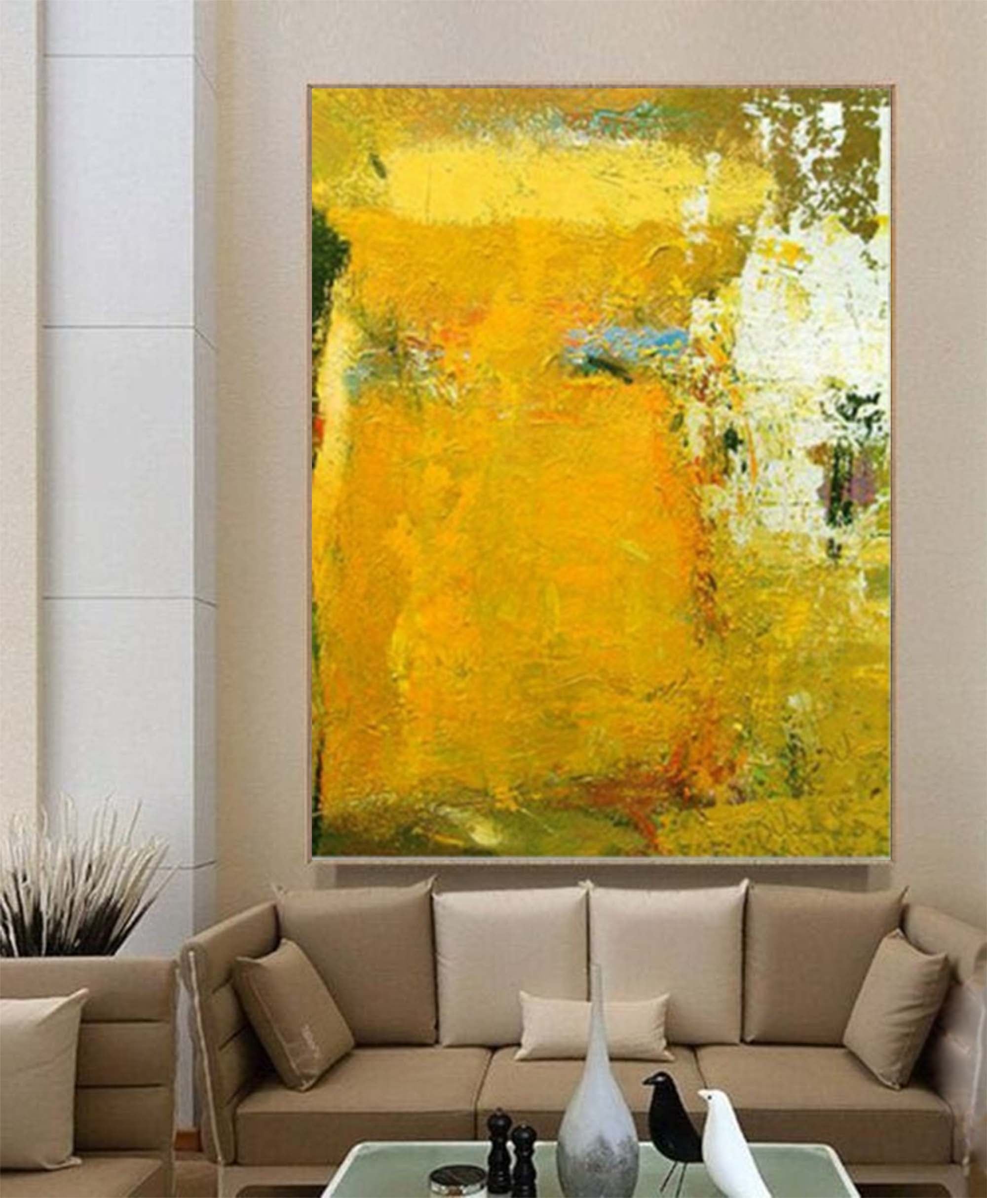 Vibrant Yellow Abstract Oil Painting Bold Impasto Texture