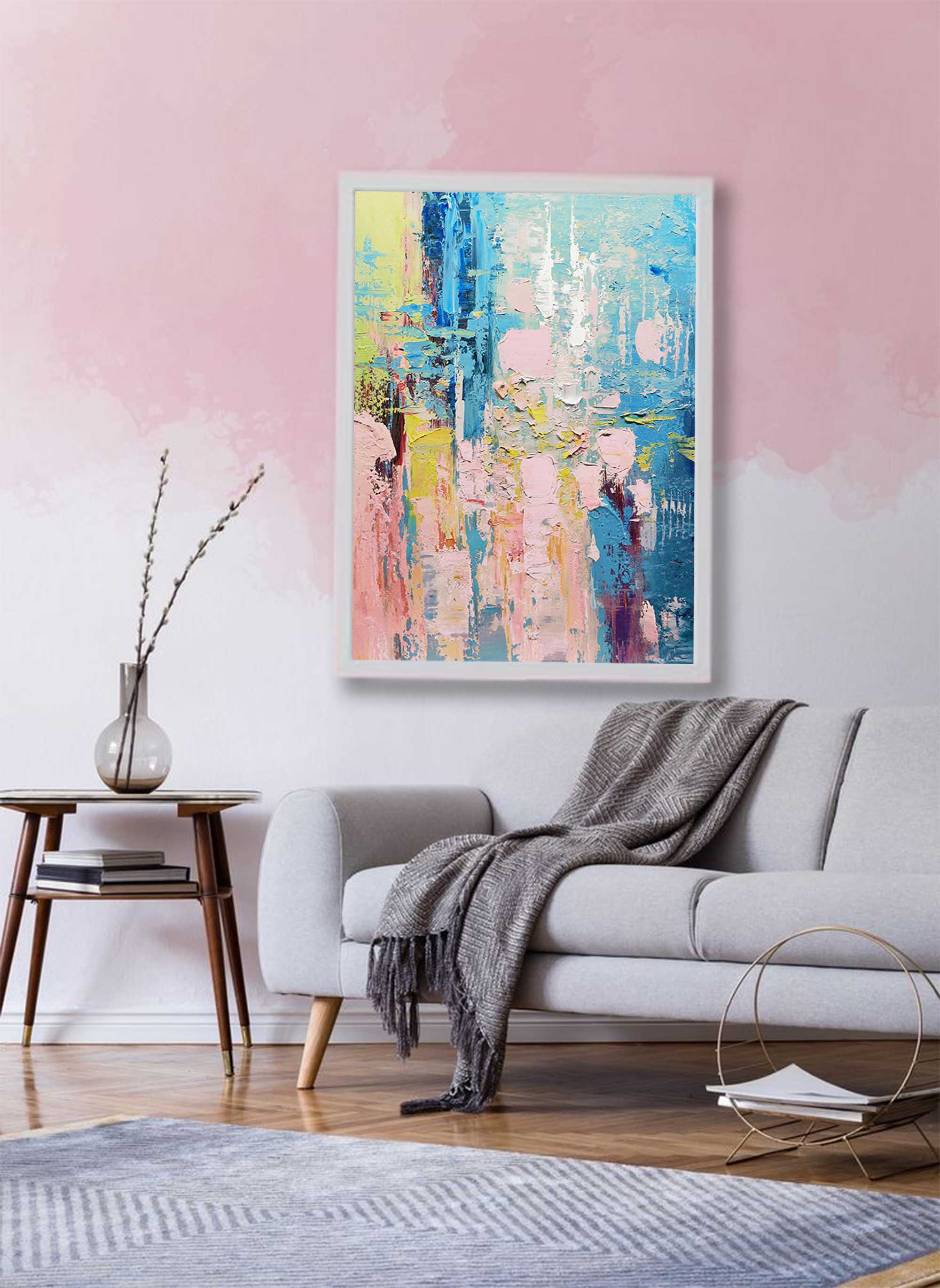Vibrant Impasto Oil Painting Blue Pink Yellow