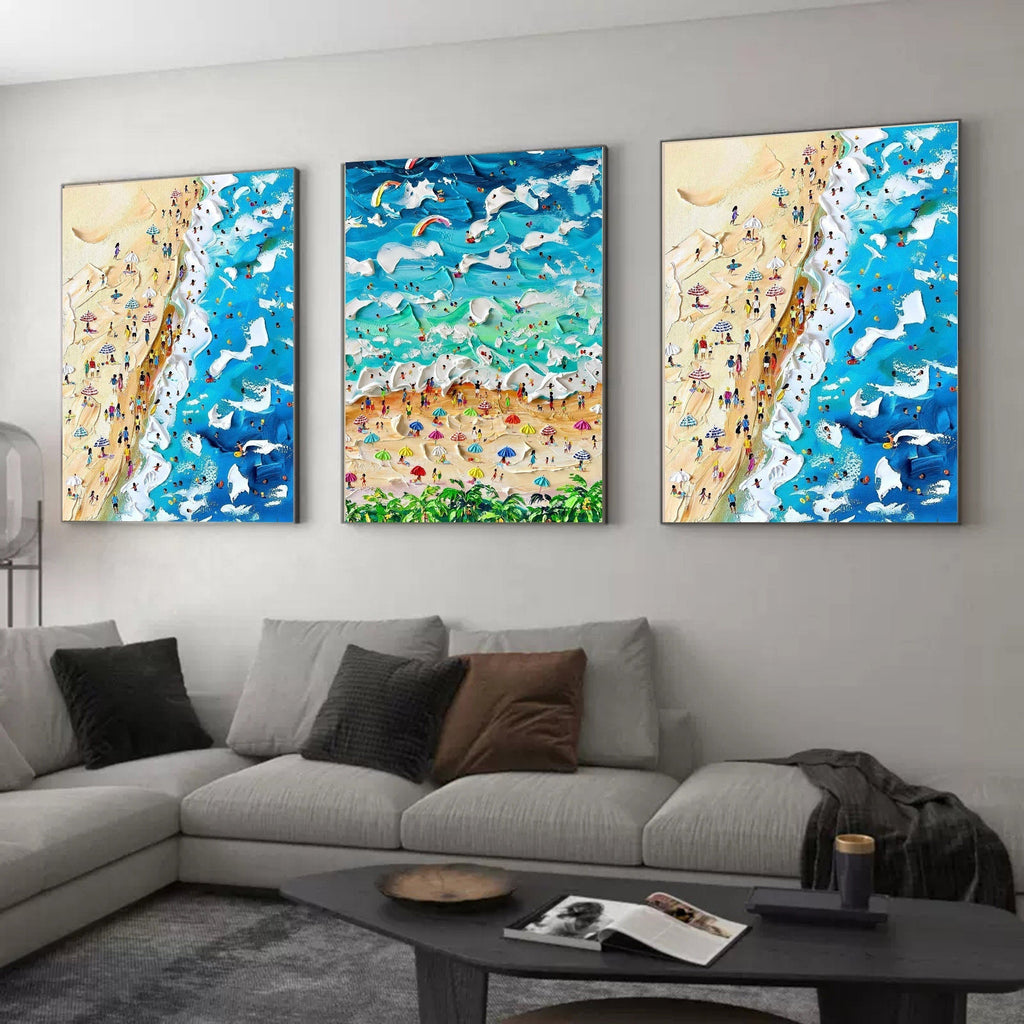 Set of 3 Vibrant Beach Scene Triptych Abstract Painting