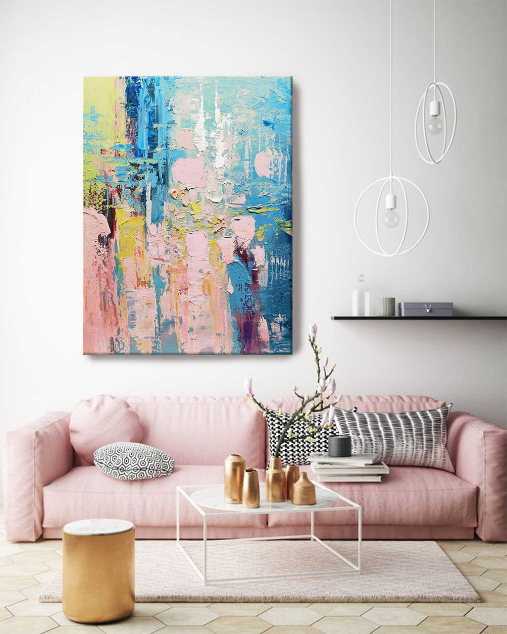 Vibrant Impasto Oil Painting Blue Pink Yellow