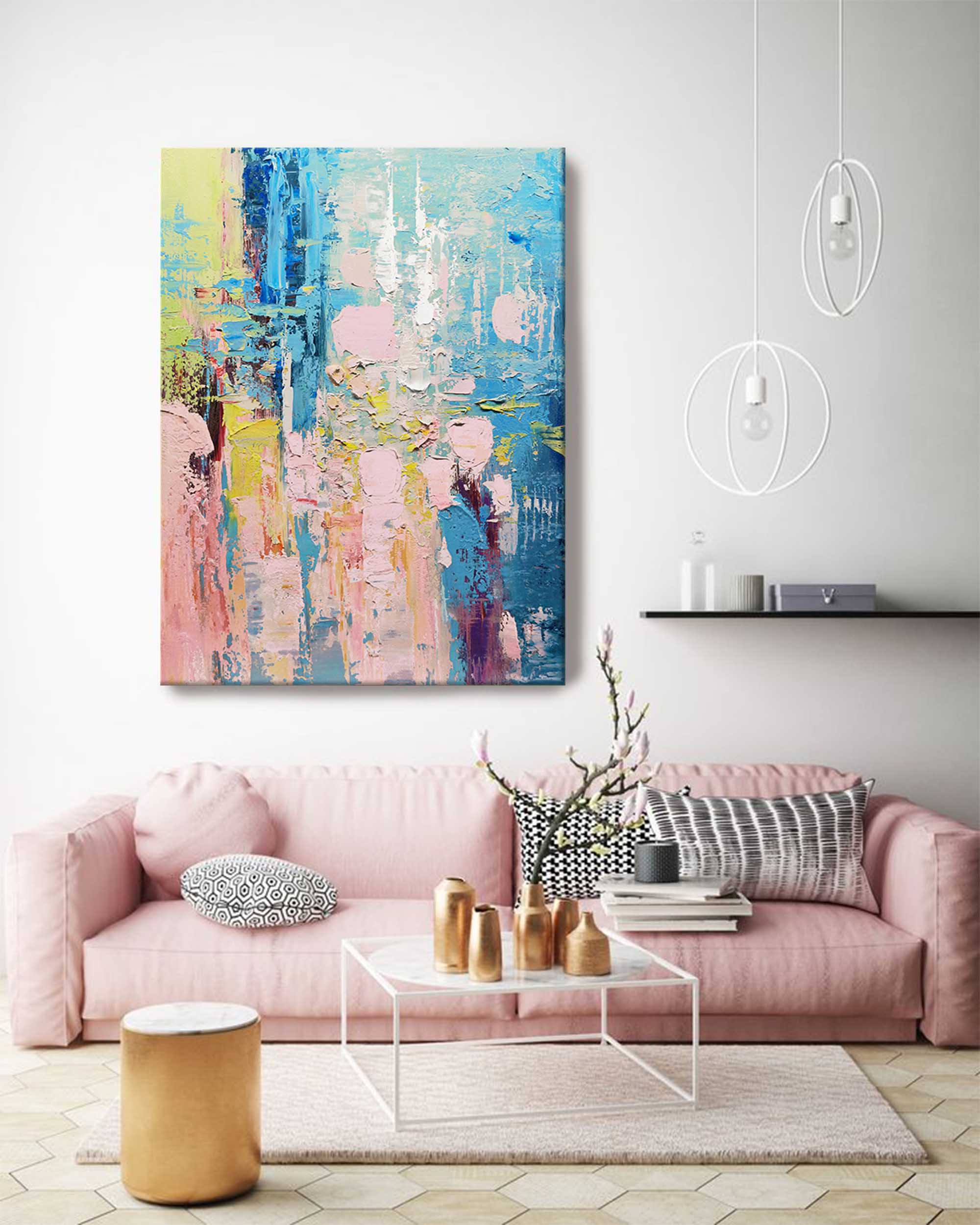 Vibrant Impasto Oil Painting Blue Pink Yellow