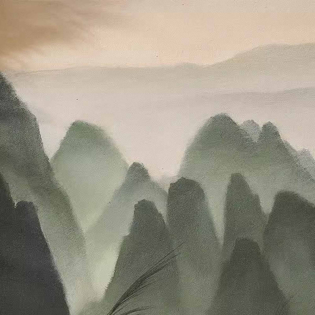 Chinese Ink Misty Green Mountain Landscape Oil Painting