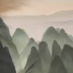 Chinese Ink Misty Green Mountain Landscape Oil Painting