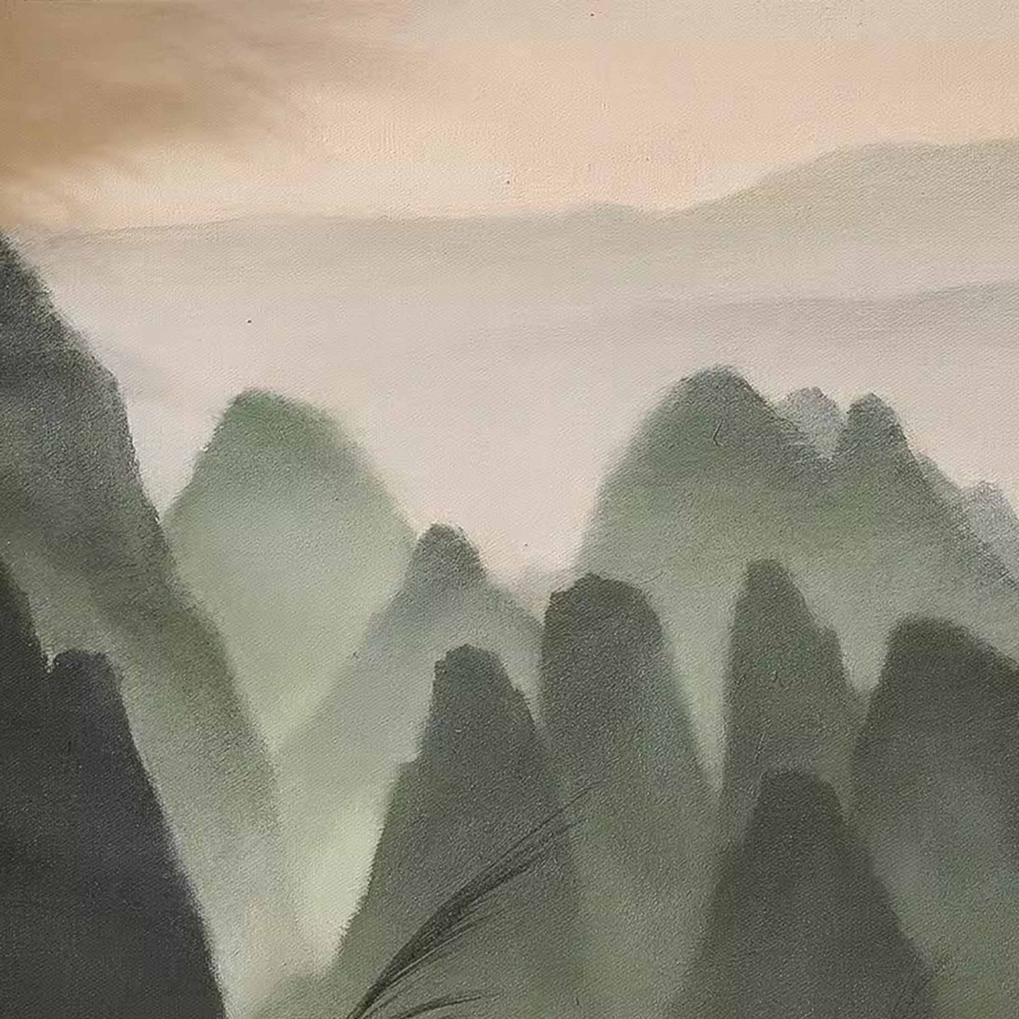 Chinese Ink Misty Green Mountain Landscape Oil Painting