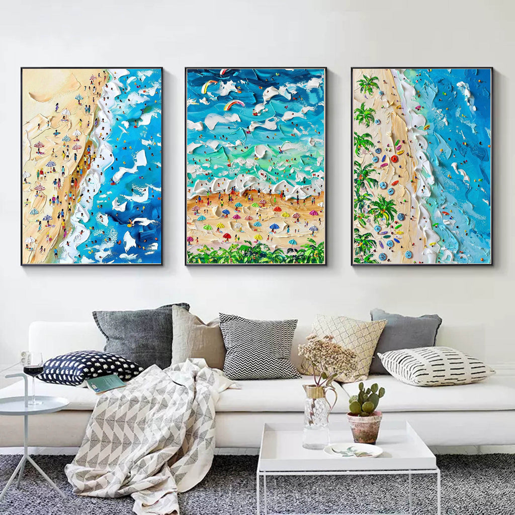 Set of 3 Vibrant Beach Scene Triptych Abstract Painting